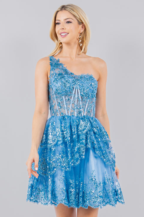 Lace One-Shoulder Tiered Skirt Cocktail Dress for Women 4/XS-16/3X